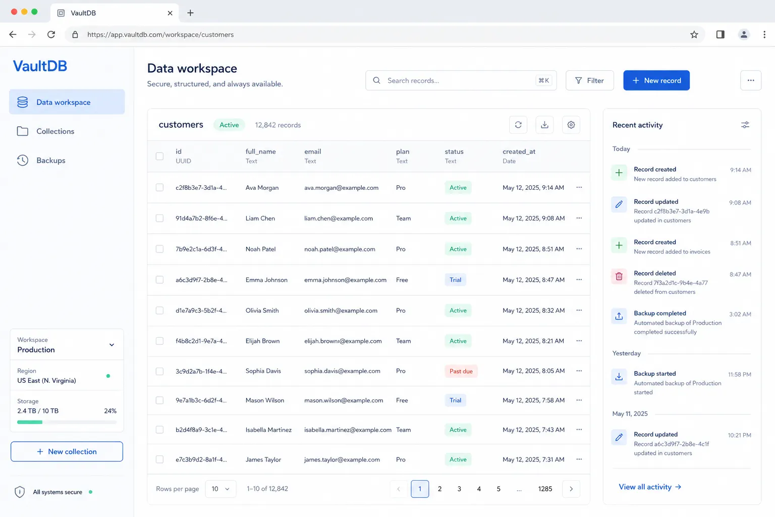 VaultDB data workspace preview