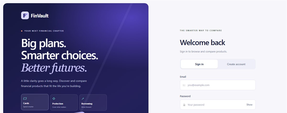 FinVault financial products homepage preview